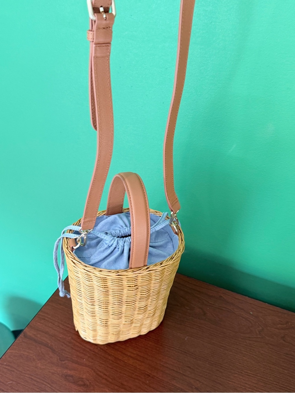 Talbots Woven Basket Crossbody with Tan Straps and Light Blue Liner